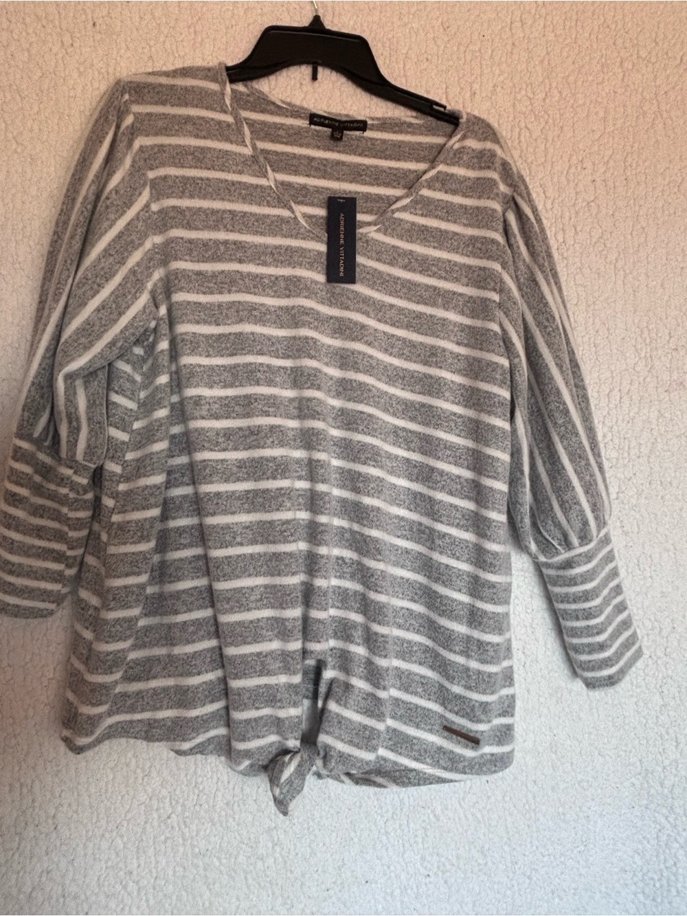 Adrienne Vittadini Gray and White Striped V-Neck Tie-Hem Sweatshirt